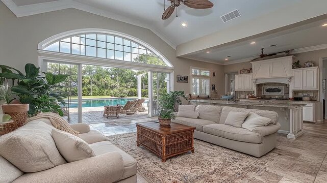 Luxurious Living Room with Pool View and Elegant Interior Design.