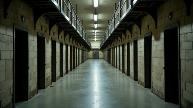 A long corridor inside a prison facility, with barred cells and security cameras