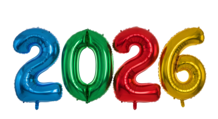 Shiny colorful number balloons 2026 isolated on transparent background