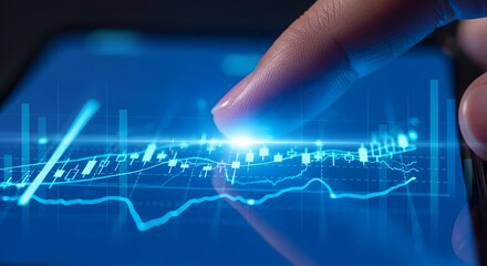 Digital Finance Analysis with Mobile Touchscreen Displaying Stock Market Data and Financial Charts Finger Pointing at Screen Interface for Investment Growth and Banking Solutions in Blue Tone