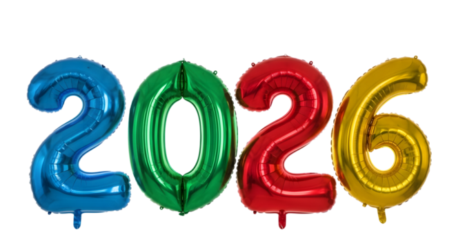 Shiny colorful number balloons 2026 isolated on transparent background