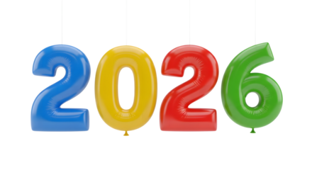Colorful balloons spelling out the year 2026 isolated on transparent background