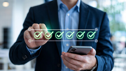Professional executive meticulously checking off tasks on a digital checklist, symbolizing success and efficient project completion.