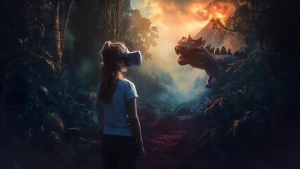 A vivid portrayal of a young girl immersed in a virtual reality experience in a lush, sunlit forest setting. The girl is wearing a VR headset. - Powered by Adobe