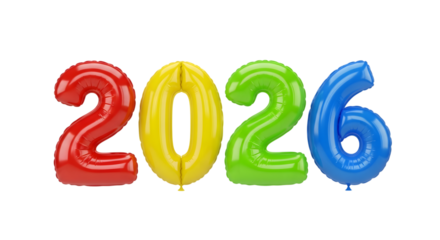 Colorful 2026 number balloons isolated on transparent background