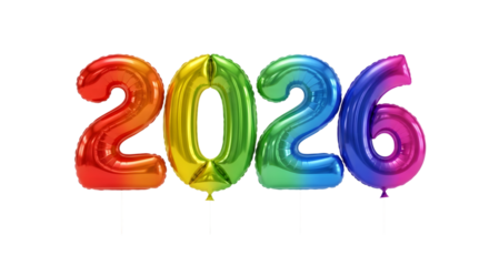Rainbow colored 2026 number balloons isolated on transparent background