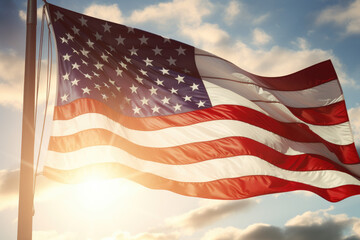 Obraz premium USA flag background. Waving American flag in sunlight flare, close up