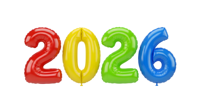Colorful 2026 number balloons isolated on transparent background