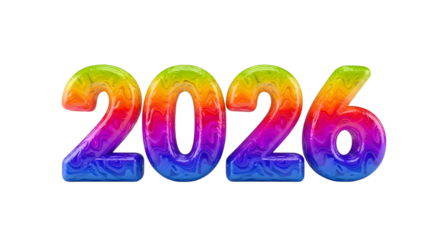 Colorful 2026 numbers with rainbow gradient isolated on transparent background