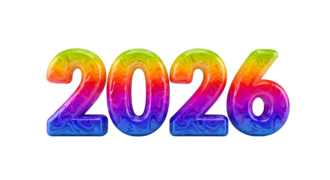 Colorful 2026 numbers with rainbow gradient isolated on transparent background - Powered by Adobe