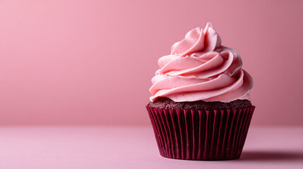 Indulgent chocolate cupcake topped with creamy pink frosting, a sweet treat for any occasion.