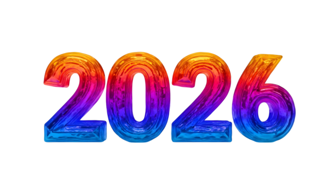 Colorful textured numbers 2026 isolated on transparent background