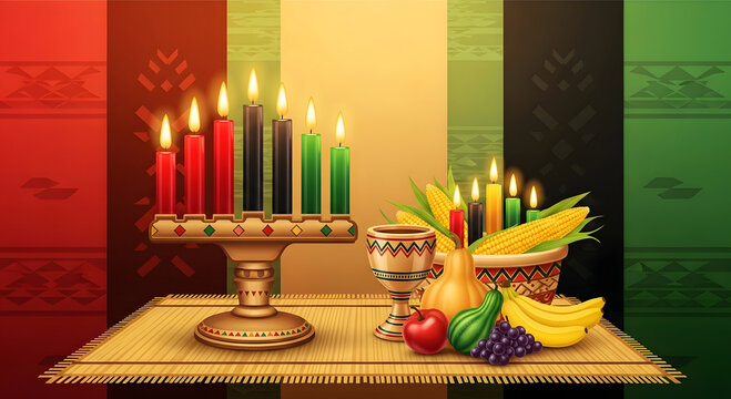 Kwanzaa celebration with kinara candles and traditional symbols on a festive background