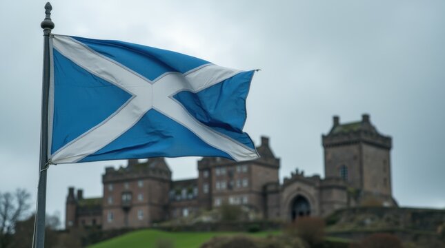 Scottish Saltire flag flying dramatically in front of an ancient castle.
