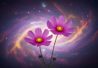 Two vibrant pink cosmos flowers blooming against a swirling purple and orange nebula in deep space, symbolizing beauty and the universe