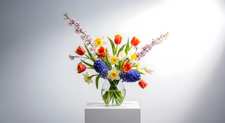 Vibrant spring flower arrangement with tulips hyacinths and daffodils in a glass vase