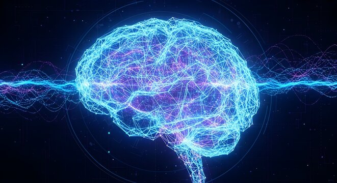 Glowing digital brain made of neon circuits and data lines, futuristic artificial intelligence network concept