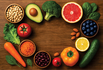 A vibrant, overhead flat lay of healthy, colorful ingredients artfully arranged on a rustic wooden table, with space for text overlay, emphasizing fresh food and wellness.