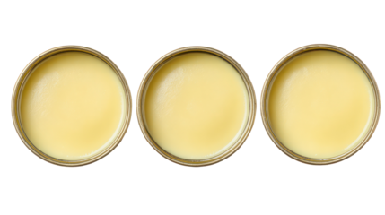 Evaporated Milk, Condensed Milk, and Dairy Pudding Overhead — Three Sets on Transparent Background