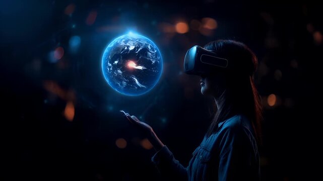 A woman in a virtual reality headset holds a glowing planet in her hand, surrounded by a cosmic backdrop. The image is a blend of cool and warm tones.