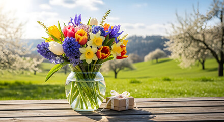Vibrant spring bouquet of tulips daffodils and hyacinths in a glass vase on a wooden table with a small gift box outdoors