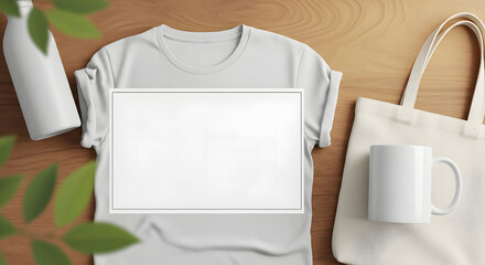 Flat lay of a blank light grey t shirt with a white square for design on a rustic brown background with tote bag and bottle