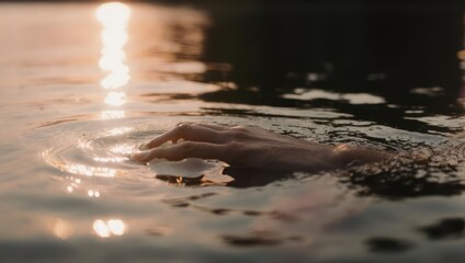 Close up of a hand emerging from rippling water at sunset.