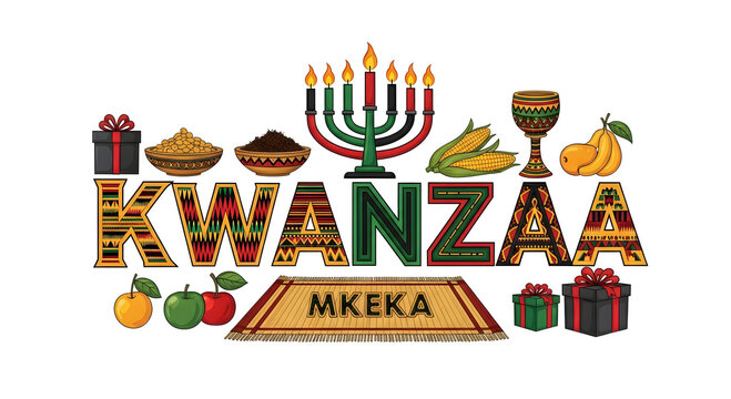 Vibrant kwanzaa celebration with kinara gifts fruits and mkeka mat symbolizing unity and culture