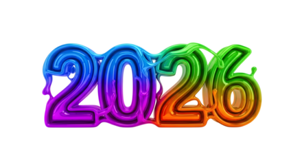 Colorful 2026 numbers with neon glow isolated on transparent background