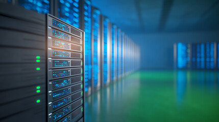 Fototapeta premium Modern data center showcasing advanced servers and efficient cooling systems, representing innovation in technology and data management.