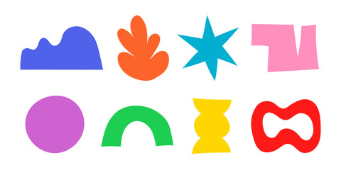 Set of colorful abstract geometric shapes in modern minimalist style. Bright and playful design elements perfect for posters, backgrounds, and creative graphic projects. Vector illustration