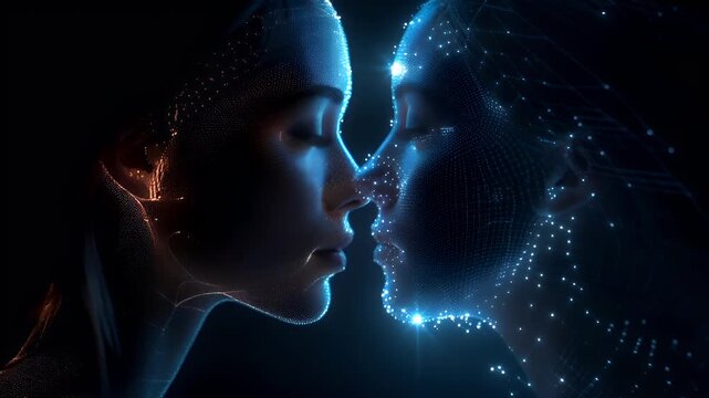 A closeup of a womans face, rendered in a digital art style with a blend of blue and black hues. The womans profile is illuminated by a series of glowing, dotted lines and dots.