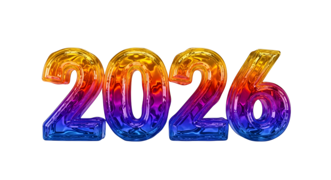 Colorful 2026 numbers isolated on transparent background