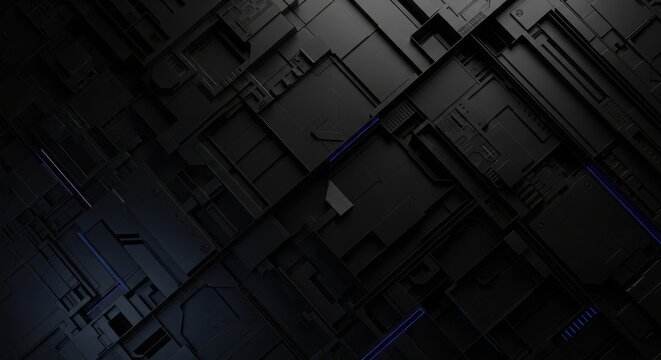 Dynamic dark black background abstract geometric background with subtle neon blue glowing lines, perfect for futuristic tech presentations and modern design projects.