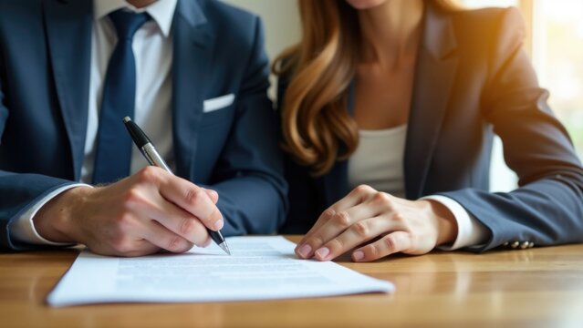 A couple signing a document, representing a new agreement or contract - Powered by Adobe