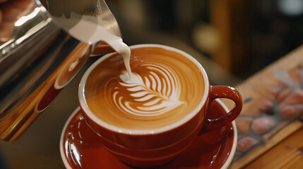 Barista pouring latte foam over coffee espresso