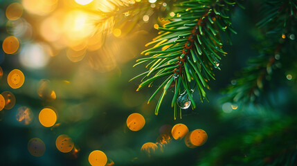 Nature's Treasures: Dewdrops on Pine Needles with Warm Light Bokeh