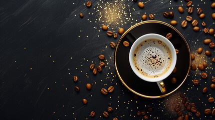 Coffee cup and coffee bean over black background