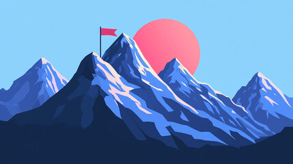 Abstract Mountain Landscape with Flag and Sun
