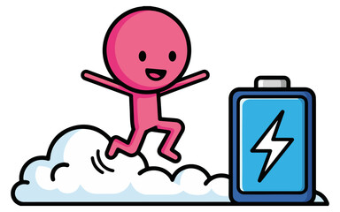 Happy Pink Character Jumping on Clouds Next to Fully Charged Battery Icon