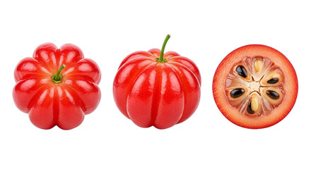 Surinam Cherry Exotic Tropical Fruit Delight Whole Halved Pitanga Detail Red Texture Vitamin C on transparent background