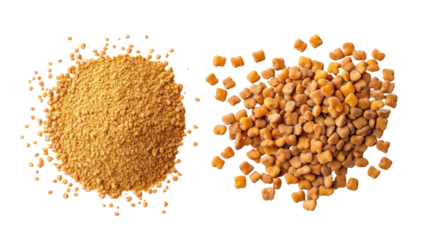 Fenugreek Whole Seeds with Fenugreek Powder Overhead Side by Side on Transparent Background