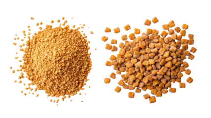 Fenugreek Whole Seeds with Fenugreek Powder Overhead Side by Side on Transparent Background
