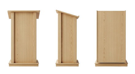 Wooden podium views front side back Preaching stand lectern design render Speech announcement on transparent background