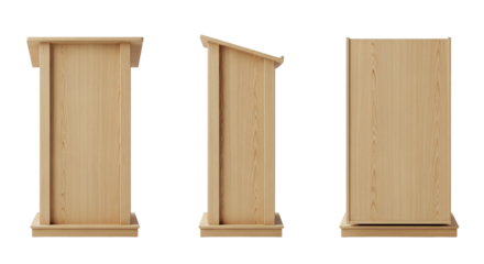 Wooden podium views front side back Preaching stand lectern design render Speech announcement on transparent background