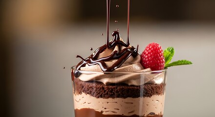 Delectable chocolate dessert drizzled with syrup and fresh raspberry adornment