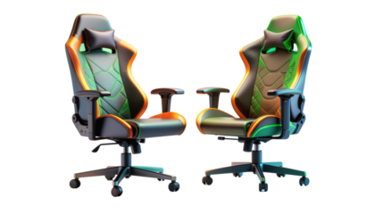 Two futuristic gaming chairs with vibrant green and orange accents