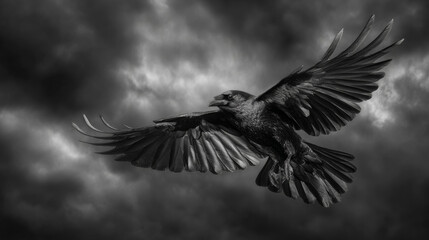 Obraz premium Dark raven flying with outstretched wings against stormy sky