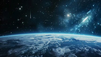 Stunning view of Earth from space with a shooting star and distant galaxy illuminating the cosmic expanse