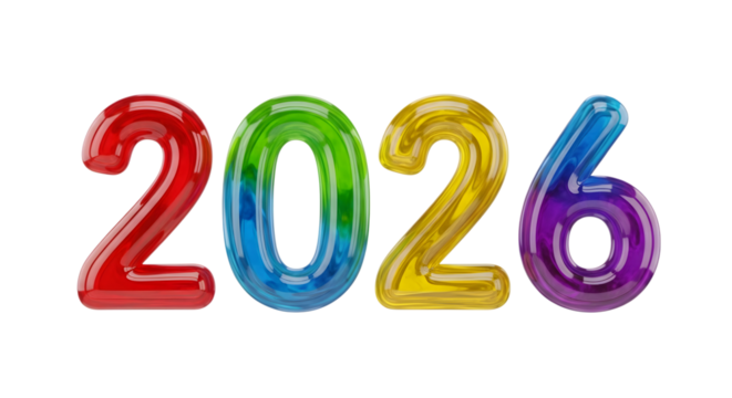 Colorful 2026 numbers isolated on transparent background